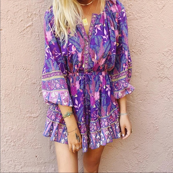 Purple Boho Floral Gypsy Print Dress Long Sleeve - Picture 3 of 16